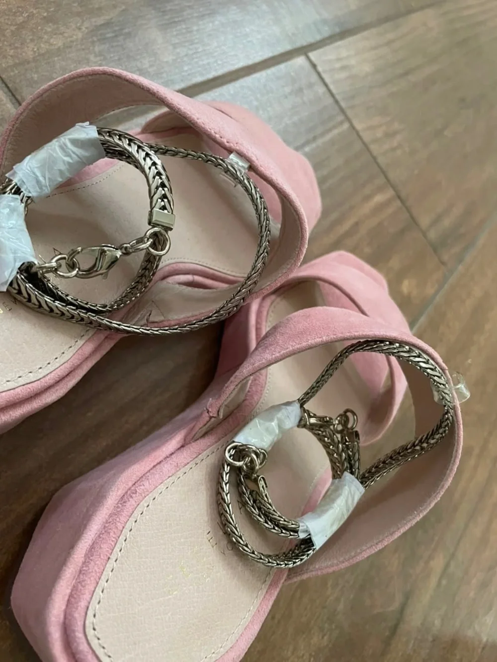 CECILIA NEW YORK Baleves Pink Suede Platform Wedge Sandals with Chain Strap